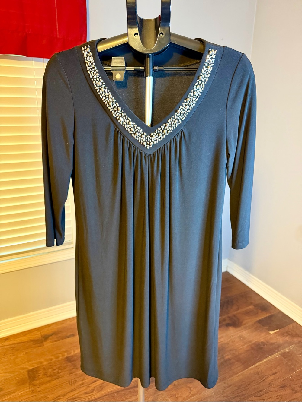 Black V-Neck Long Sleeve Dress with Beaded Trim